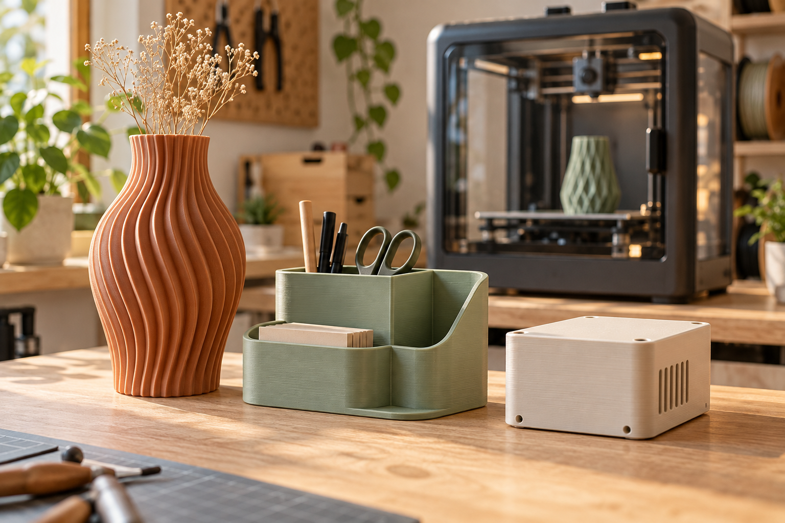 KI-generiertes Beispielmotiv: 3D-gedruckte Vase und Organizer
