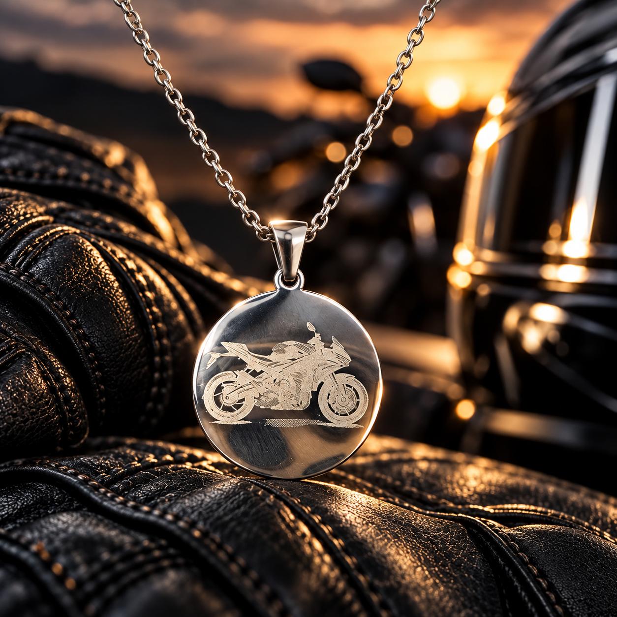 Silberfarbener Anhänger mit Motorradgravur
