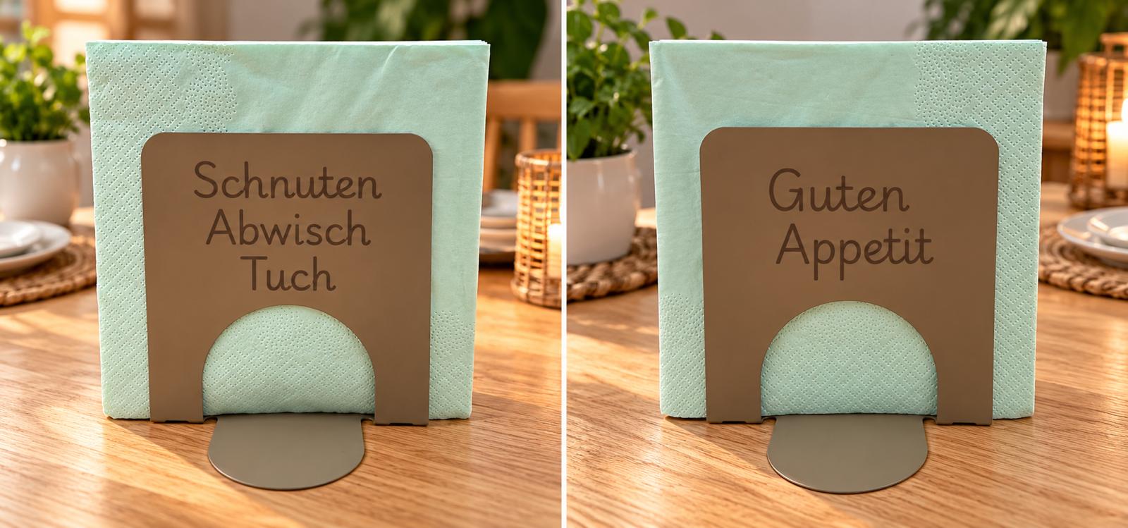 Personalisierte Serviettenhalter mit Schriftzug